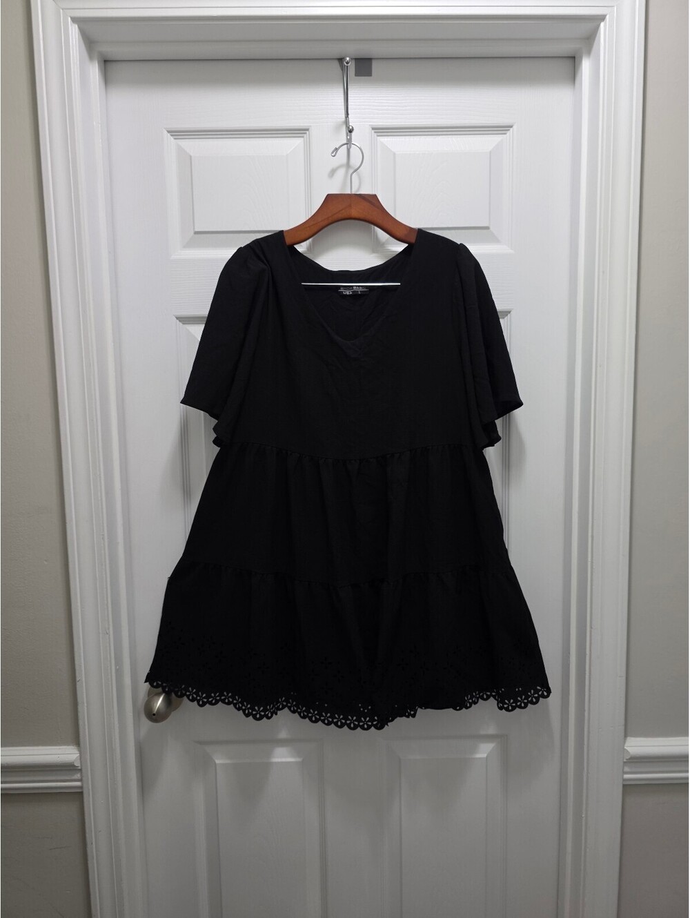 Shop Basic Black Tiered Dress with Eyelet Hem, Size Large